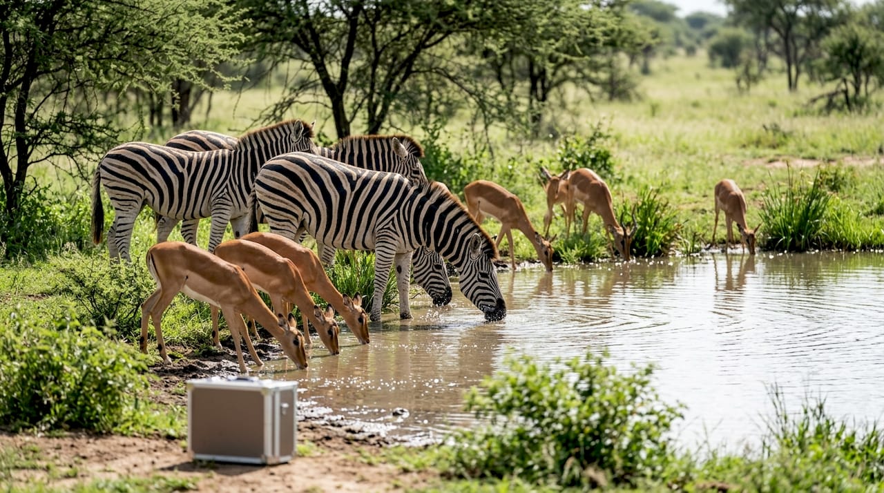 An einer Wasserstelle treffen sich verschiedene Wildtiere zum Trinken.
