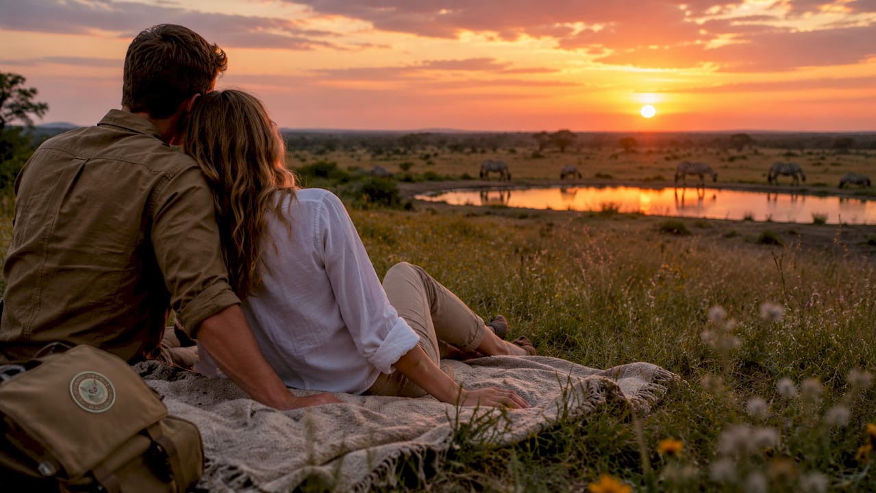 Couple watching elephants at waterhole