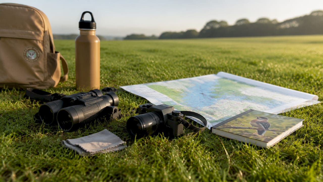 Birdwatching gear laid out on picnic table