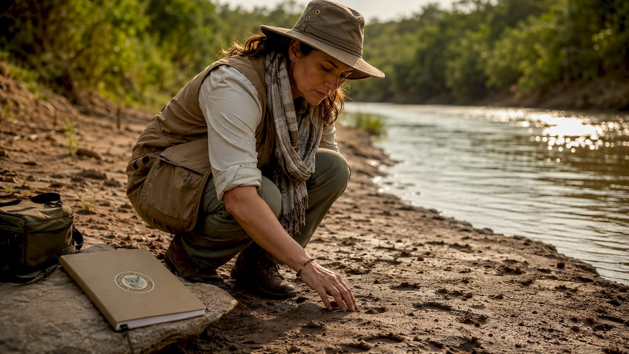 Female safari guide examining animal tracks