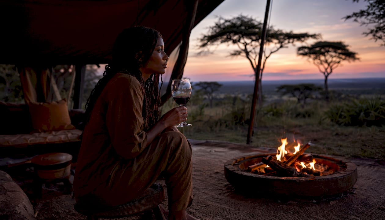 Eine Frau genießt bei Sonnenuntergang ein Glas Wein während einer Safari.