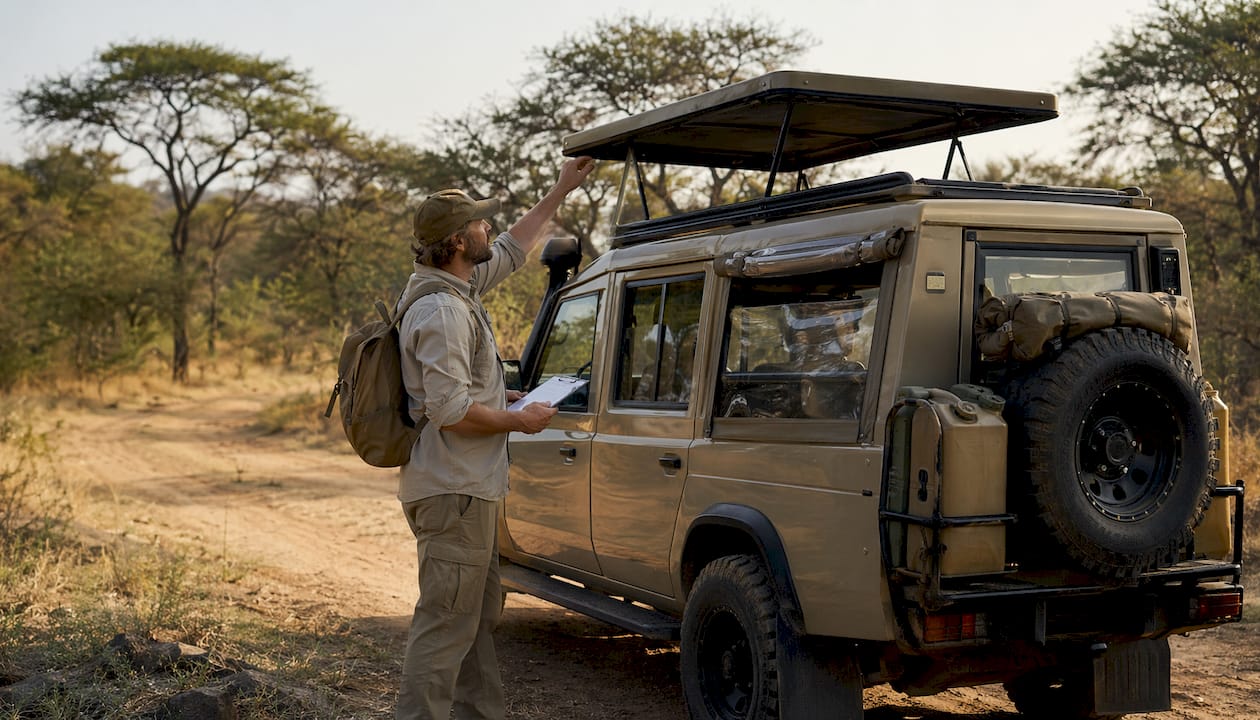 Traveler inspecting closed 4WD self-drive safari vehicle