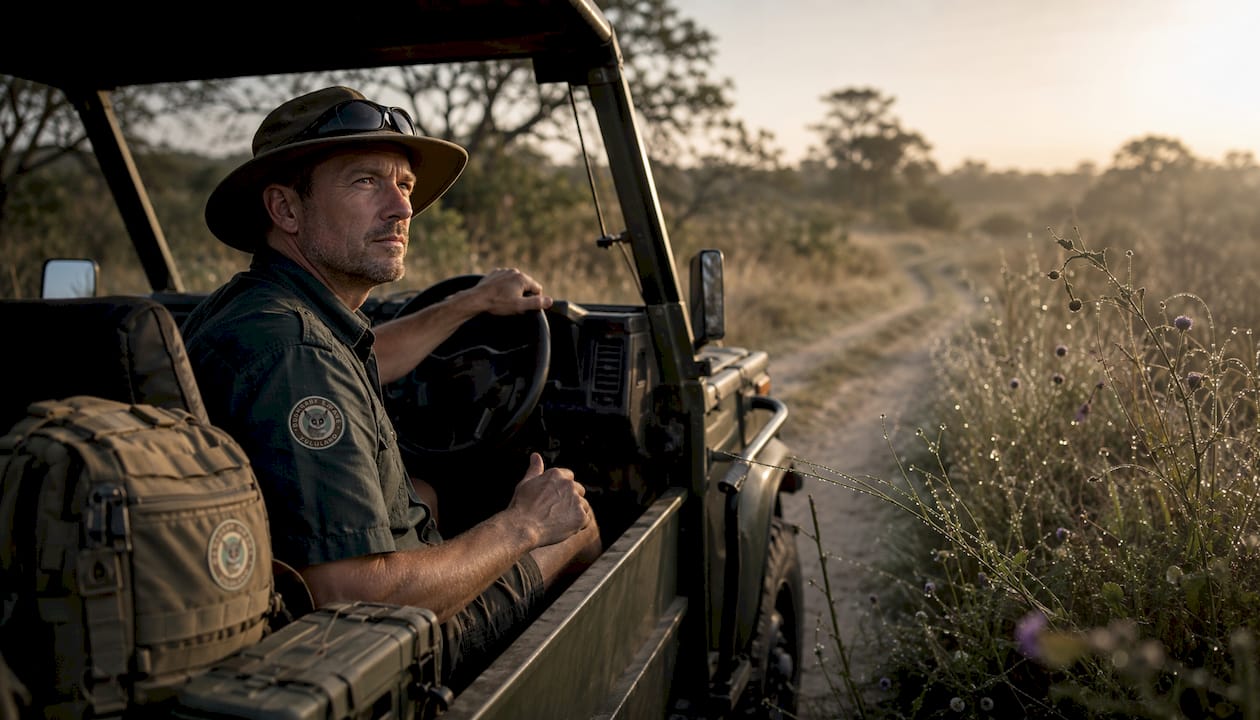 Park ranger driving safari vehicle on trail
