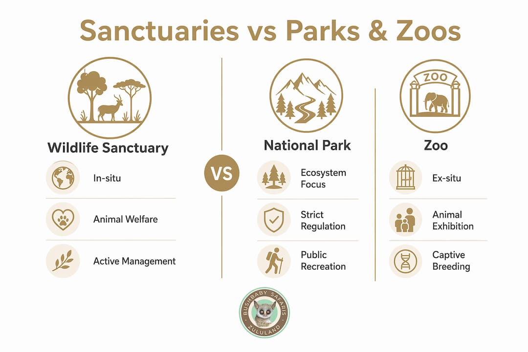Infographic comparing wildlife sanctuaries, national parks, and zoos