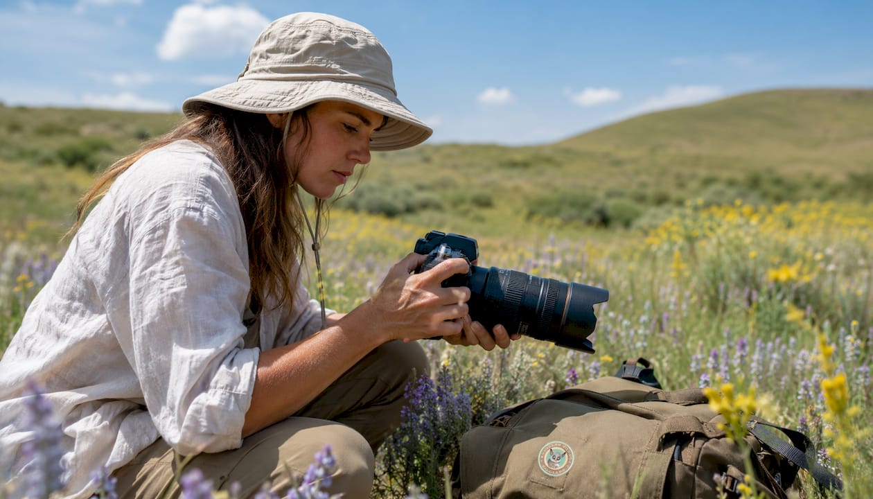 Close-up of photographer adjusting camera settings