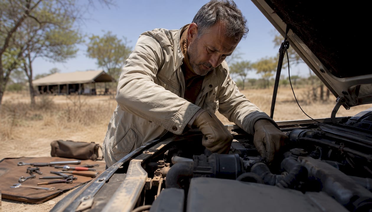 Der Safari-Guide wirft einen prüfenden Blick unter die Motorhaube seines Fahrzeugs.
