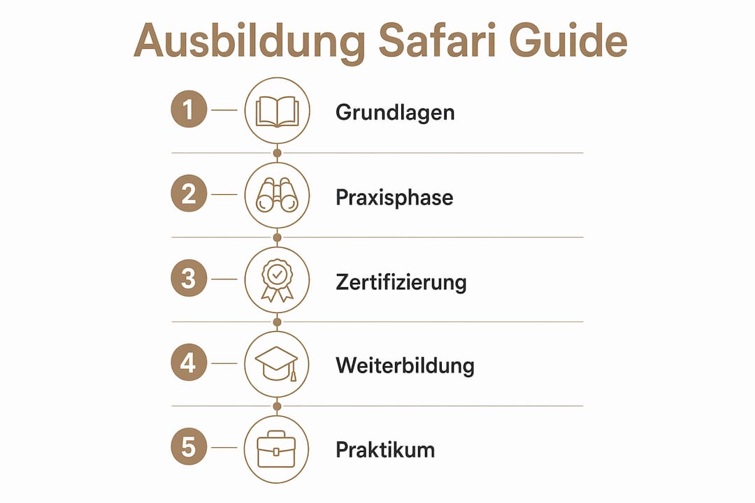 Die Infografik gibt einen Überblick über die fünf Ausbildungsstufen zum Safari-Guide.
