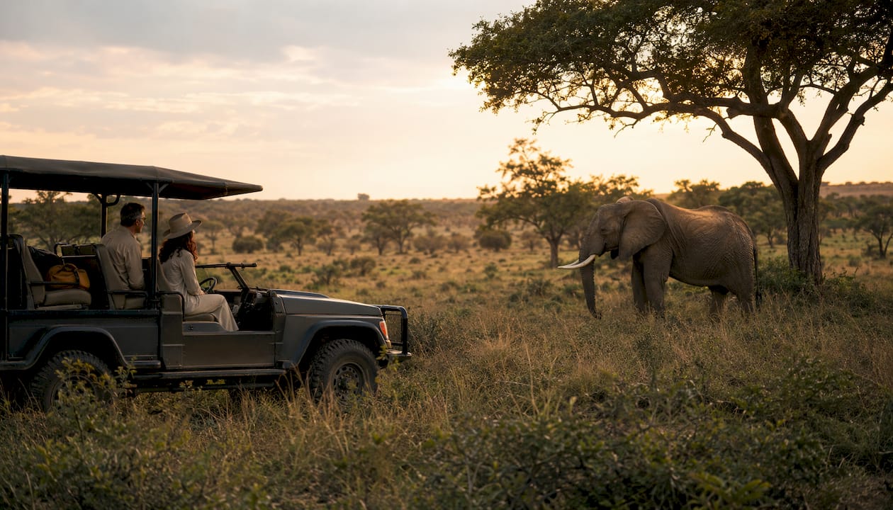 Ein Safarijeep steht am Nachmittag neben einer Elefantenherde, das warme Sonnenlicht taucht die Szene in goldene Farben.