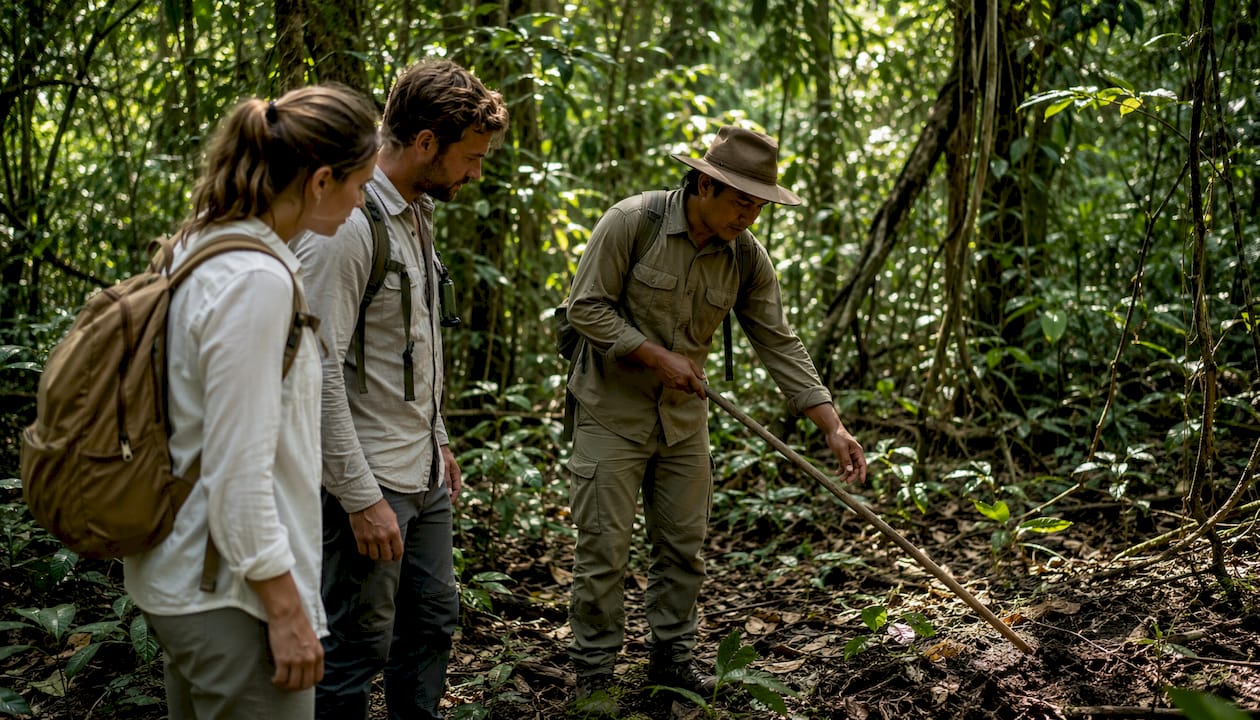 Eine Gruppe erkundet gemeinsam mit einem erfahrenen Guide die Wildnis auf einer geführten Wandersafari.