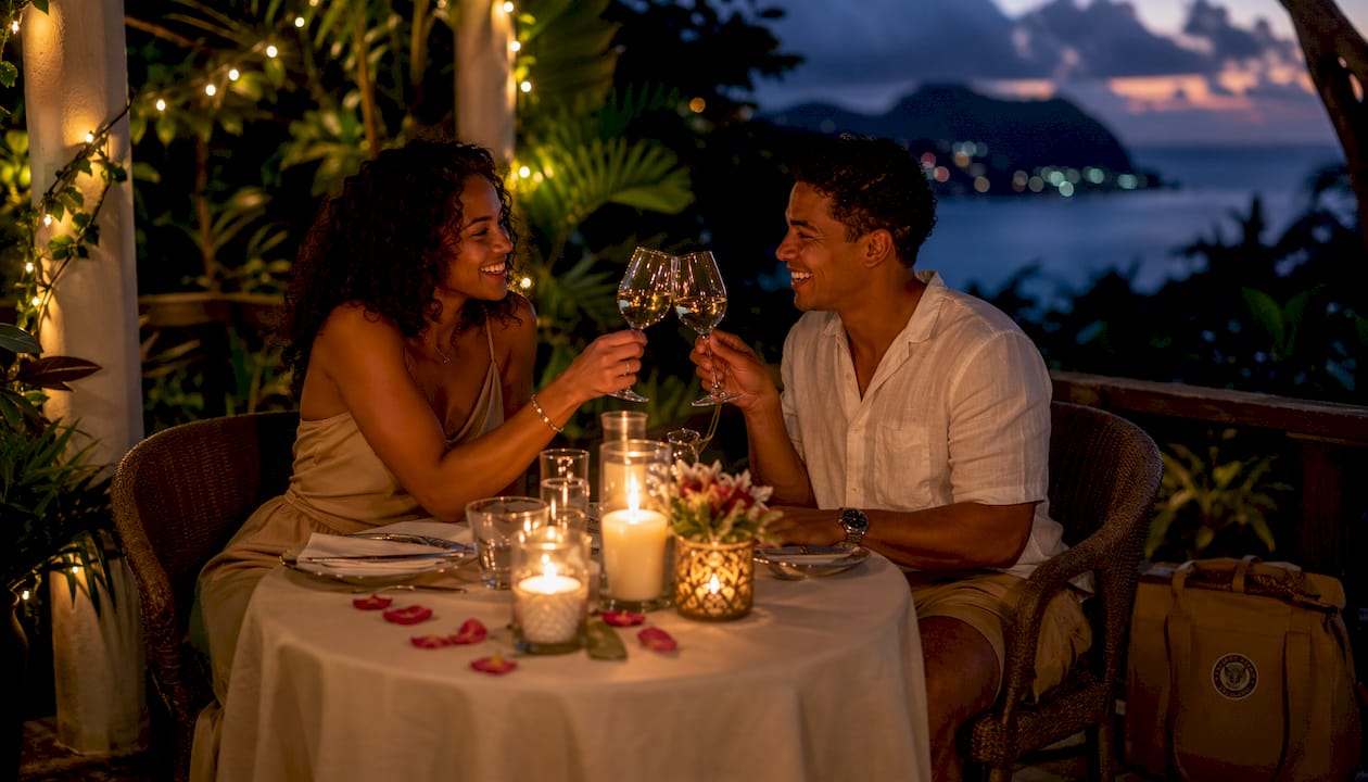 Couple enjoying private candlelit dinner outdoors
