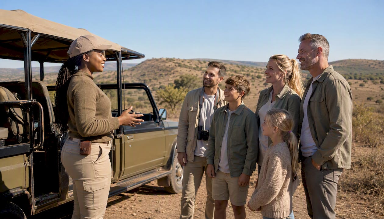 Ein Ranger führt eine Familie auf einer Safari-Tour durch die Wildnis und gibt spannende Erklärungen direkt vom offenen Geländewagen aus.