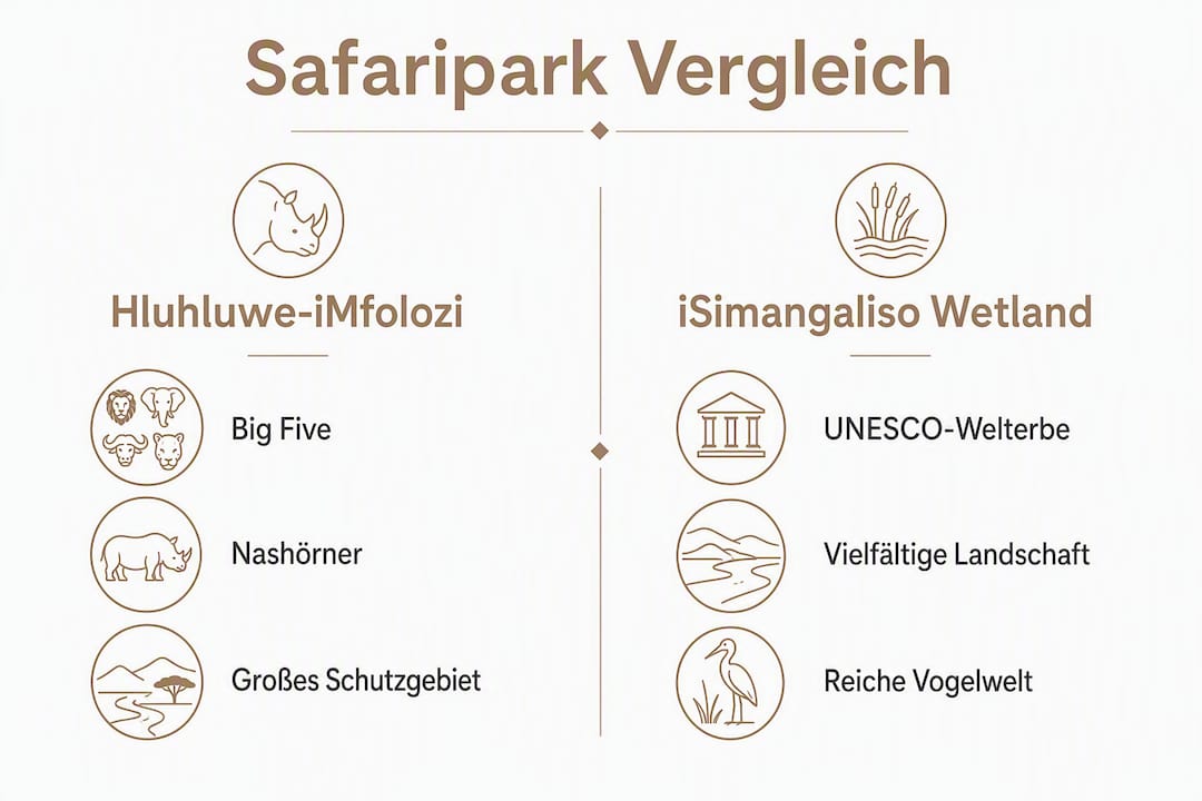 Vergleichende Infografik: Hluhluwe-iMfolozi vs. iSimangaliso Wetland Park