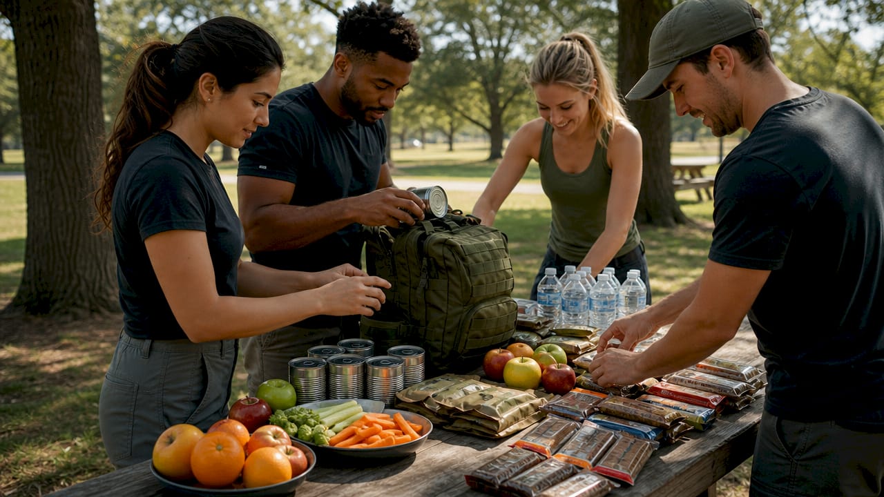 Hands organizing emergency food and water