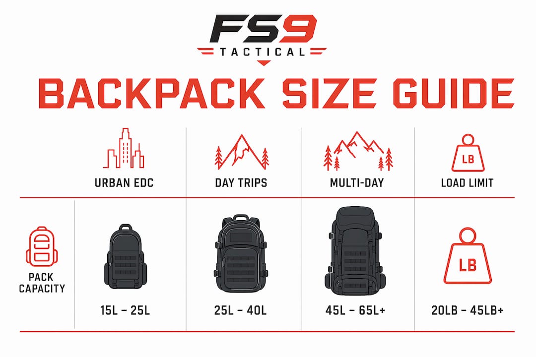 Infographic showing tactical backpack size guide