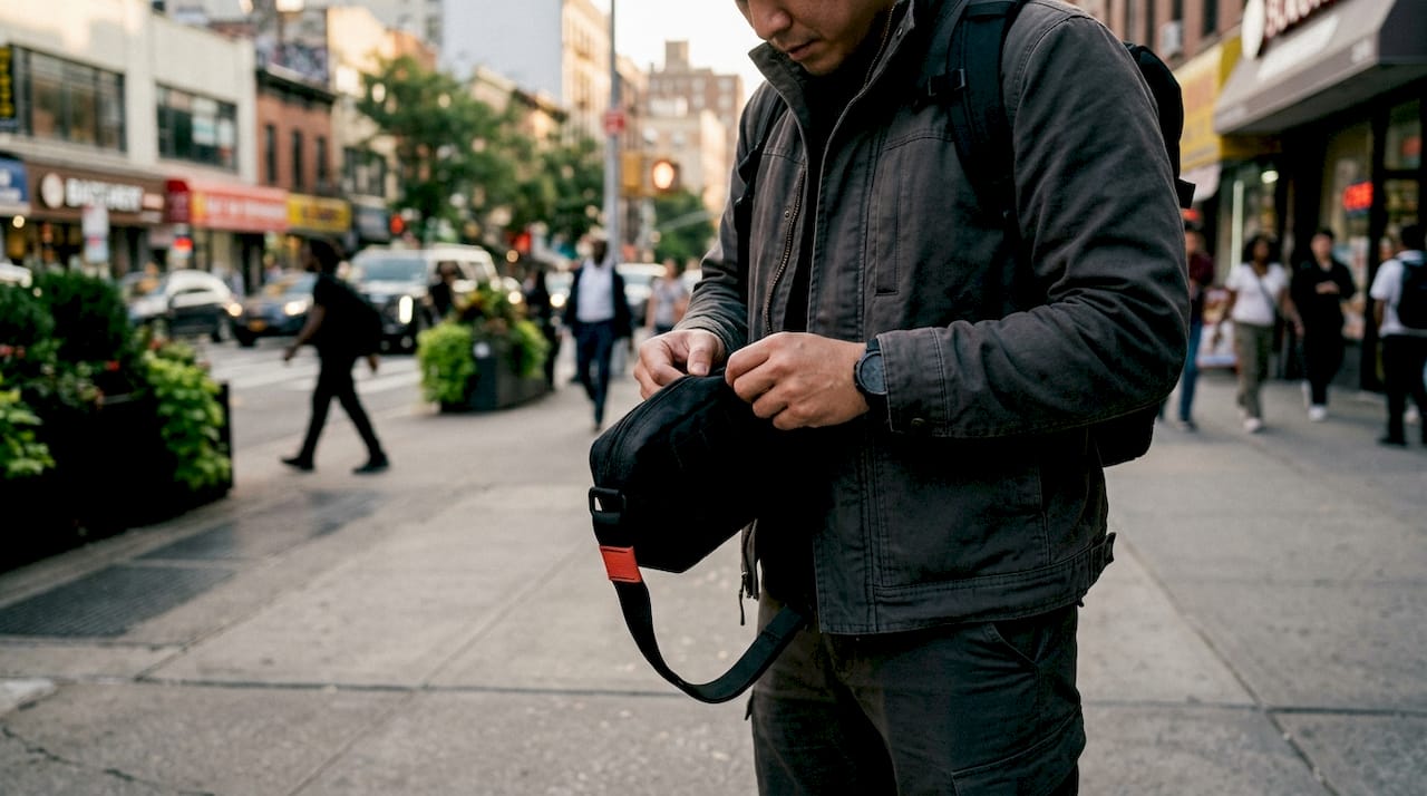 Hands inspecting tactical pouch fabric texture