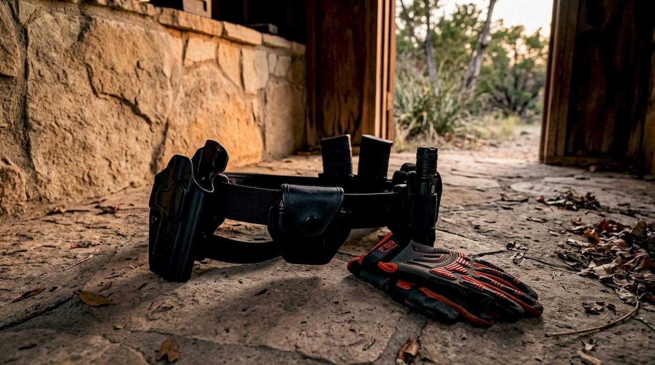 Overhead view of duty belt with tactical holster accessories