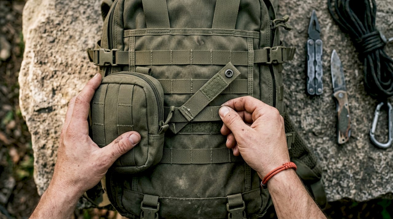 Close-up of hands attaching pouch to MOLLE webbing
