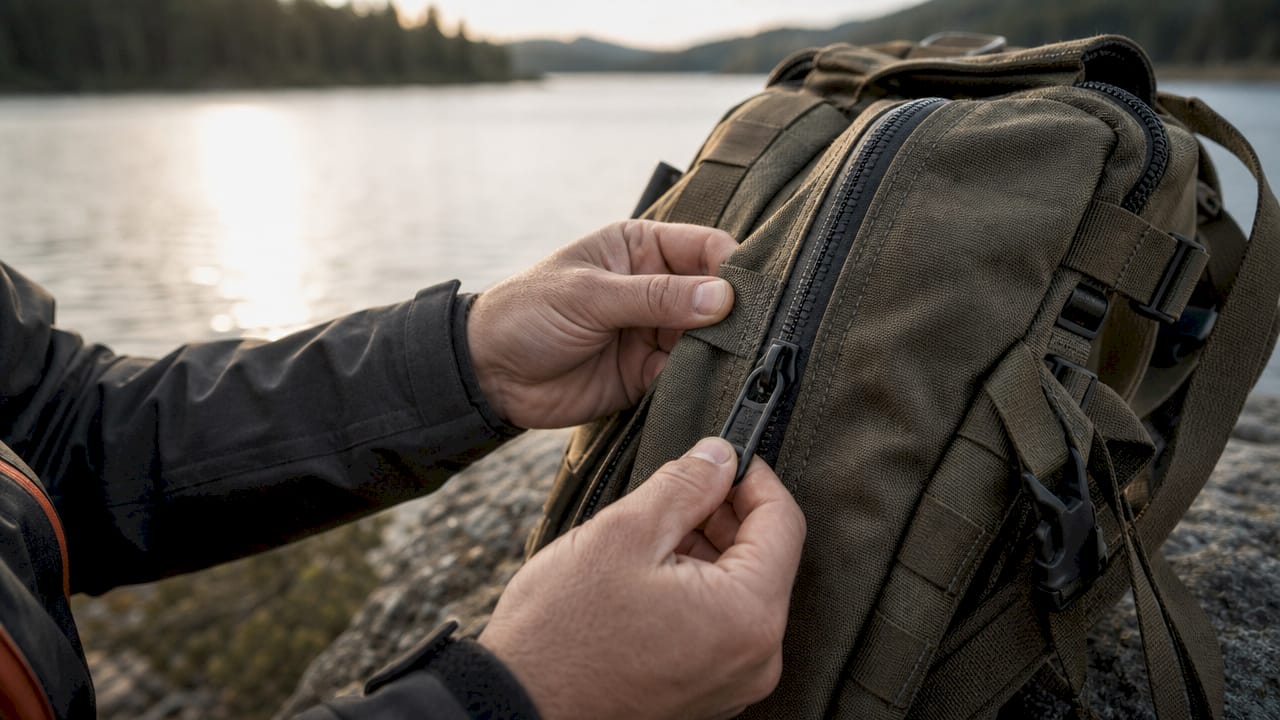 Close-up of hands checking hunting gear stitching and zipper