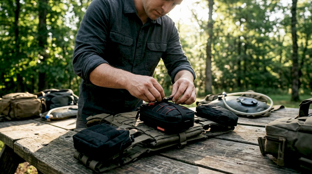 Hands attaching tactical pouches on a vest