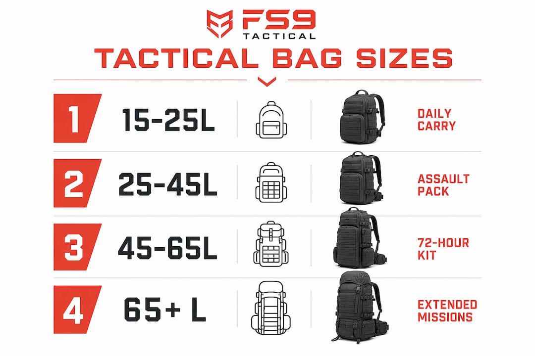 Infographic showing tactical bag size tiers and uses