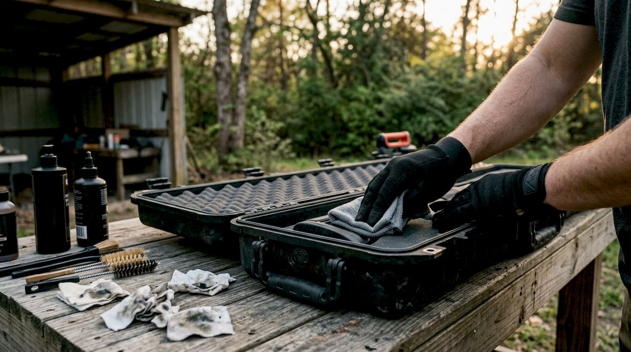 Hands cleaning hard rifle case interior