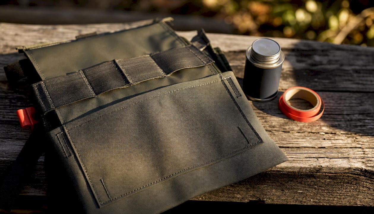 Close-up of TPU tactical pouch and seam sealing tools