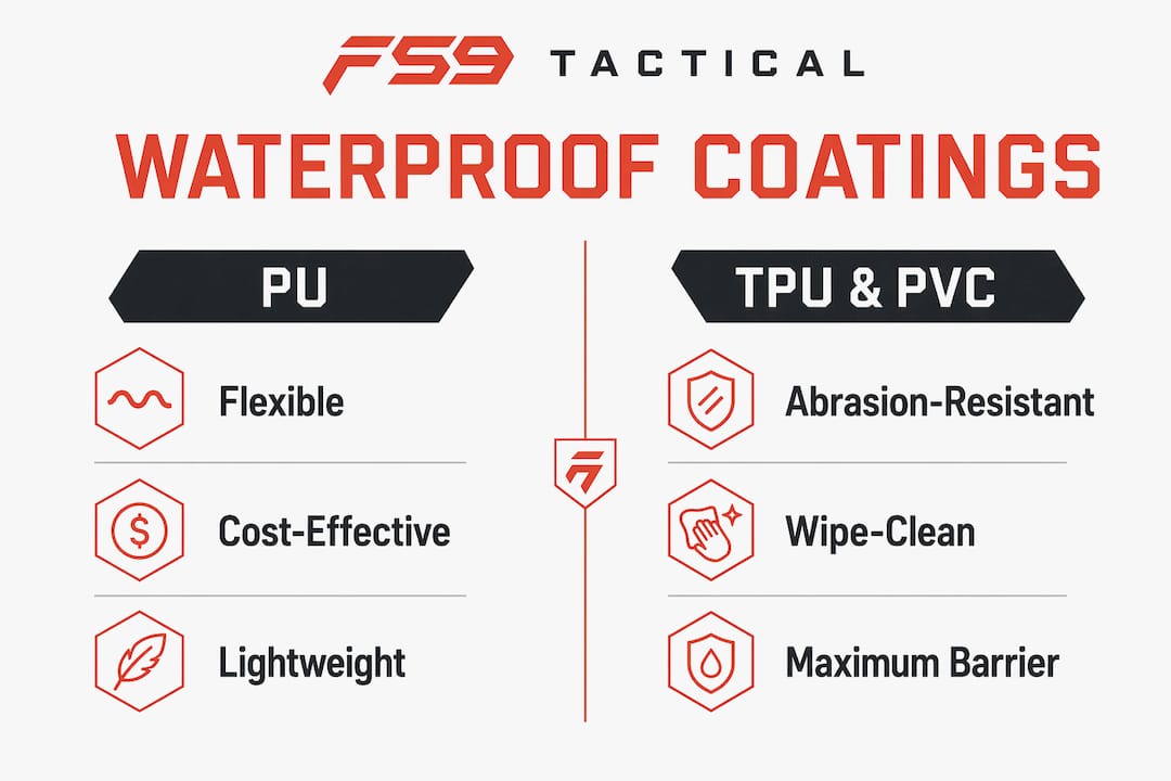 Infographic comparing PU and TPU/PVC coatings for tactical gear