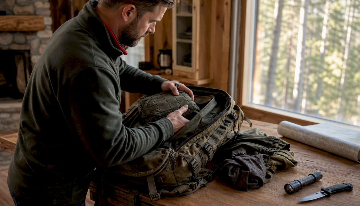 Hands packing tactical hunting backpack indoors