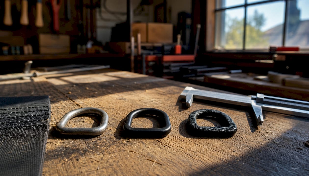 Top-down view of steel, aluminum, and nylon D-ring samples