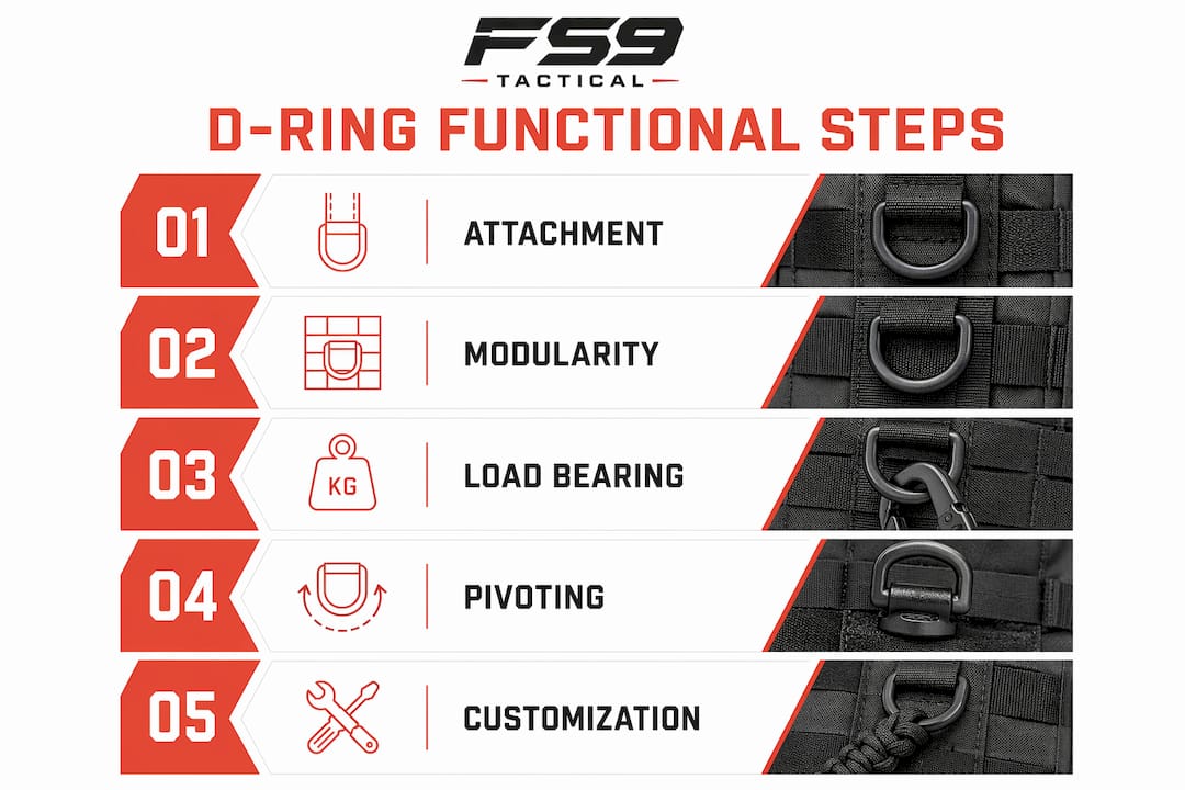Infographic illustrating five functional steps of D-ring use