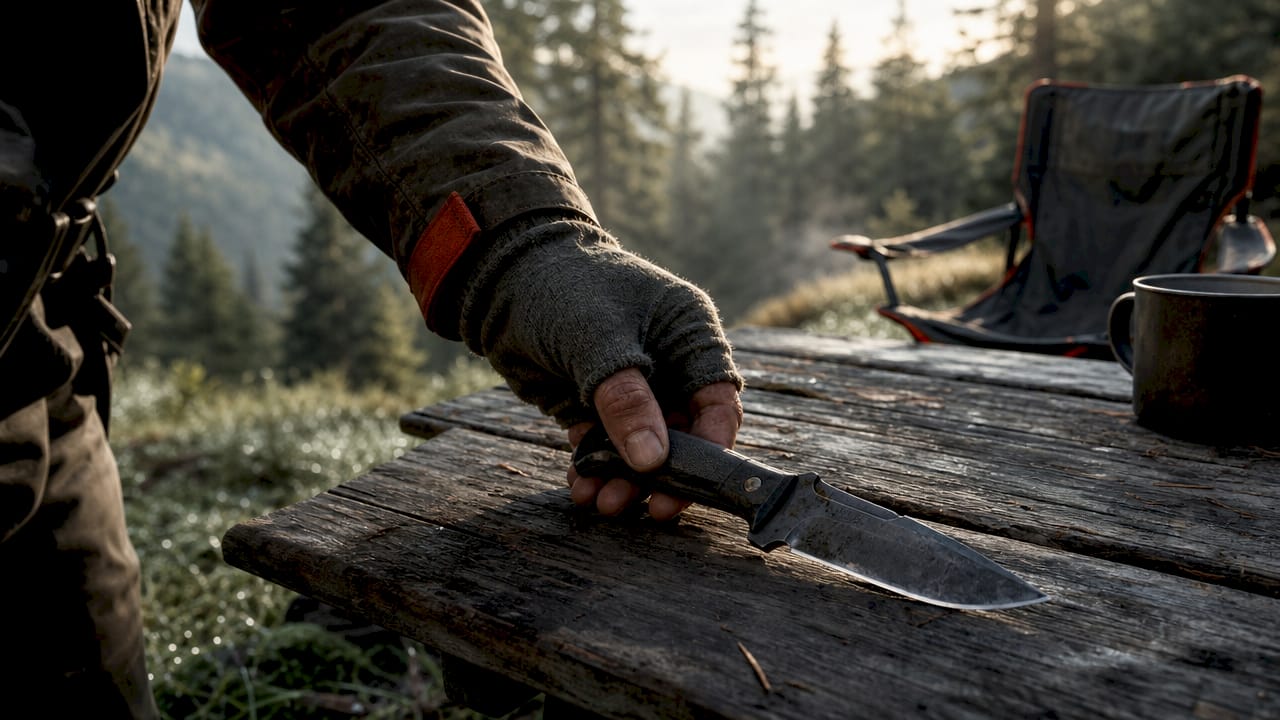 Close side view of fixed-blade survival knife in outdoor camping setting