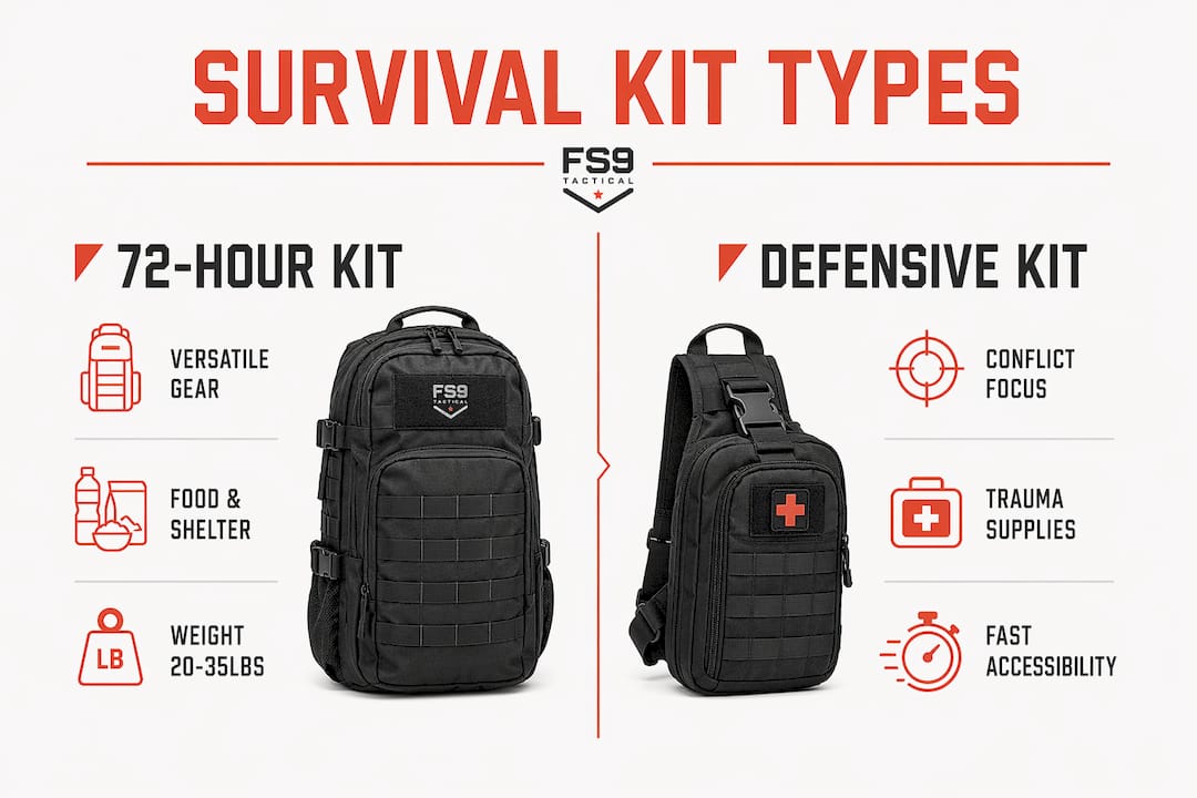 Infographic comparing 72-hour and defensive survival kits