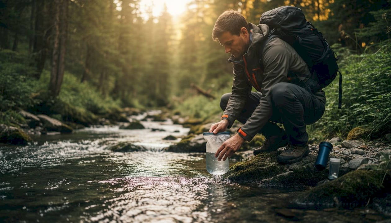 Hands filling water bladder from mountain stream