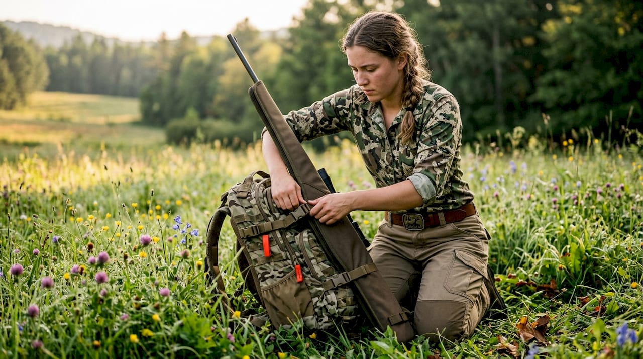 Hunter preparing rifle scabbard on pack