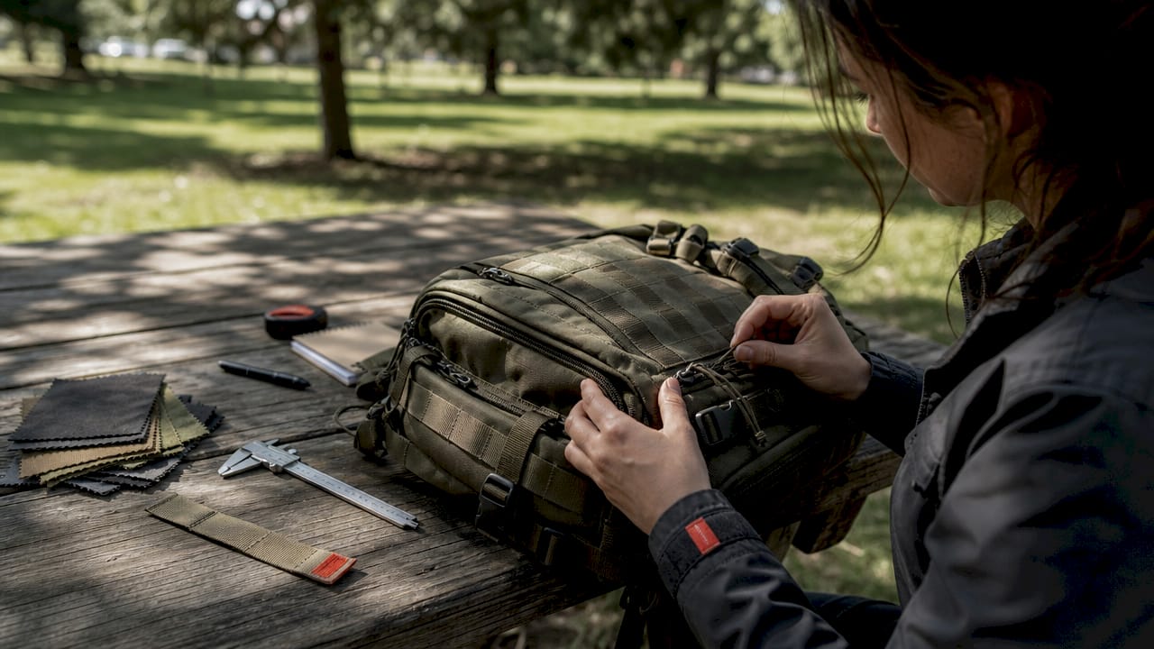 Hands inspecting tactical backpack details overhead