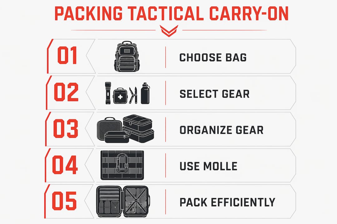 Infographic with steps for packing tactical carry-on