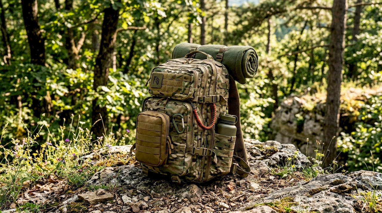 Camouflaged tactical gear blending into forest floor