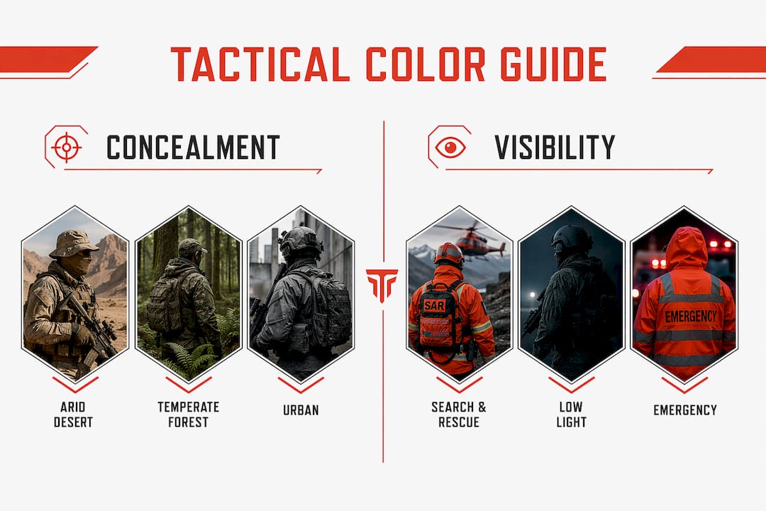 Infographic detailing tactical gear color choices by environment