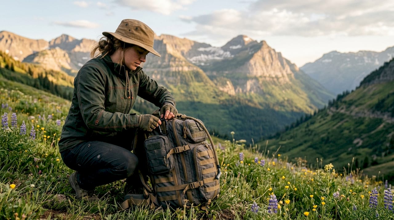 Close-up of tactical backpack with MOLLE attachments
