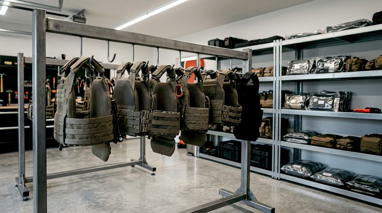 Well-organized tactical gear storage rack