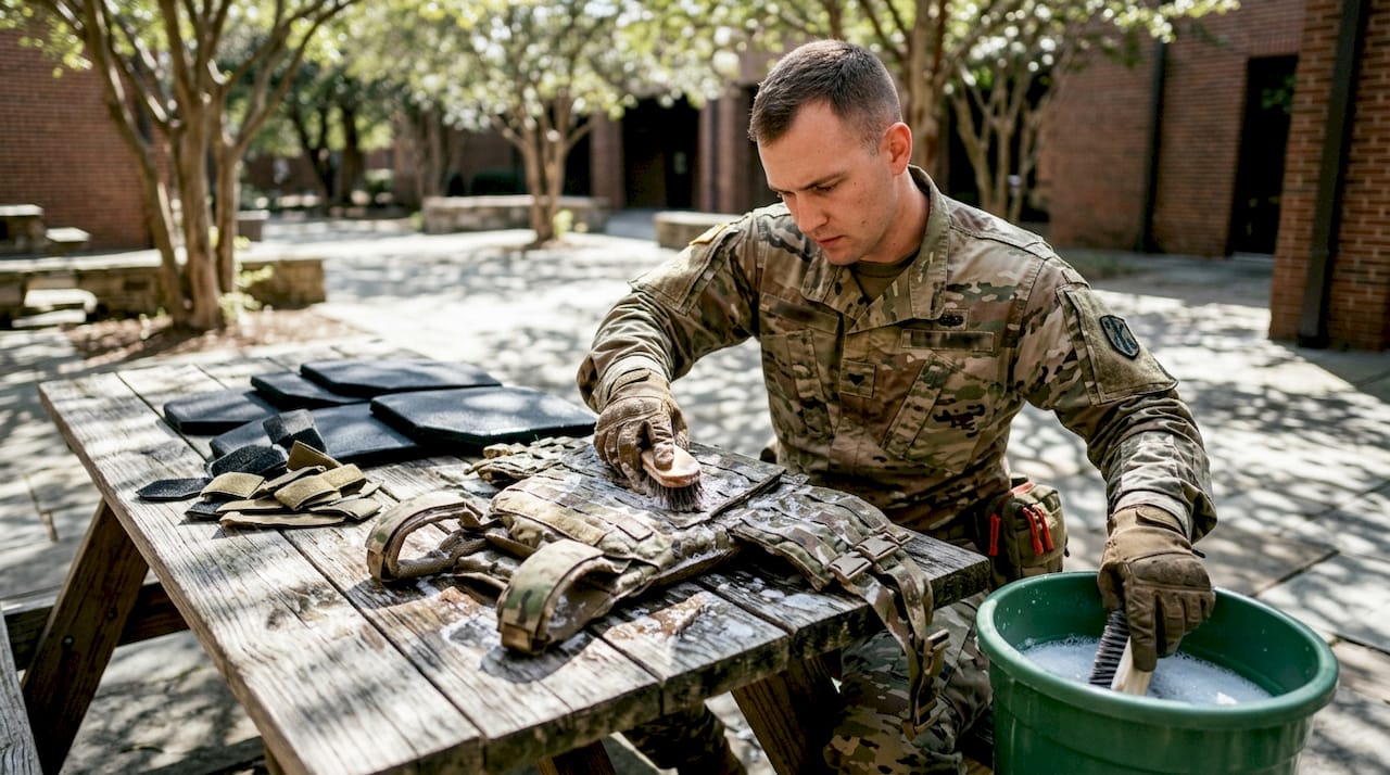 Cleaning tactical vest by hand in sink