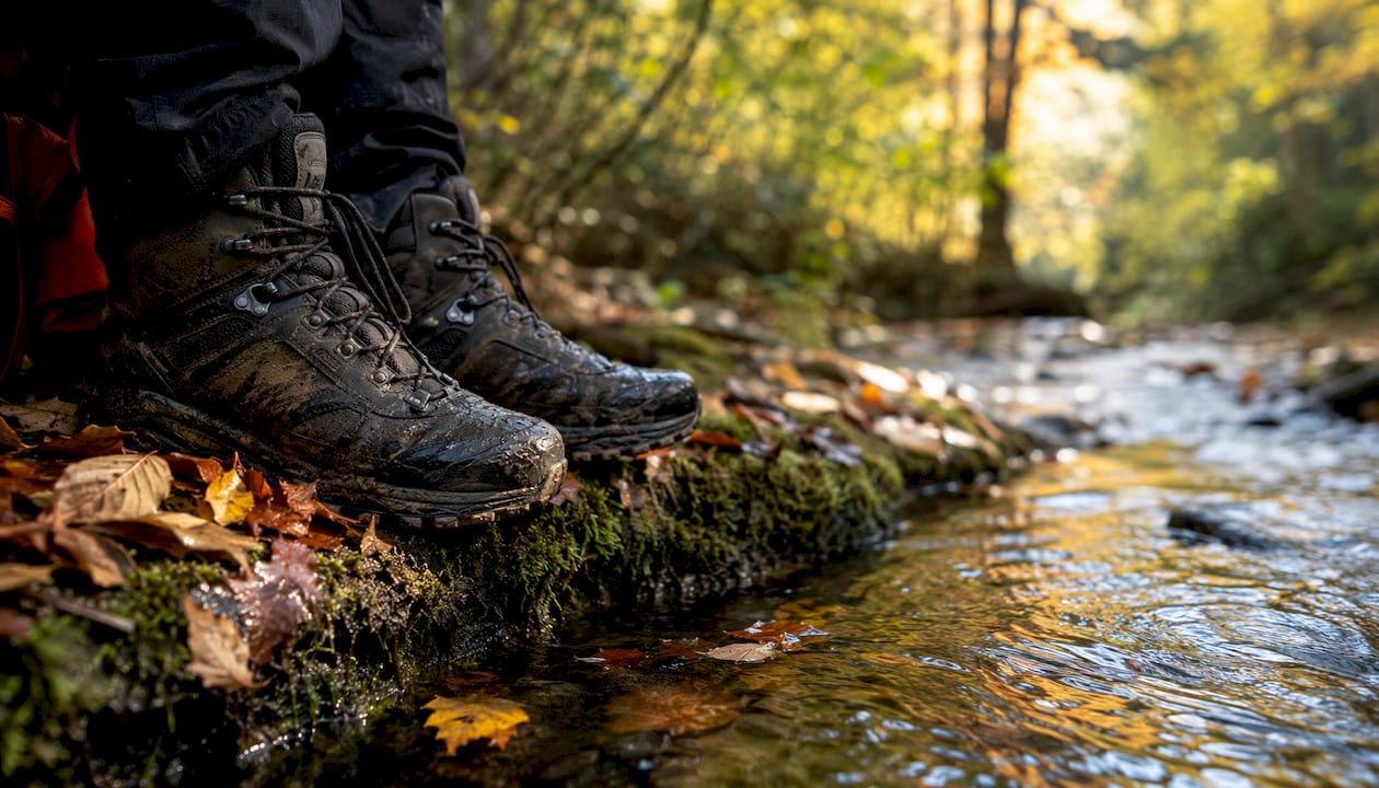Tactical boots on wet creek rocks