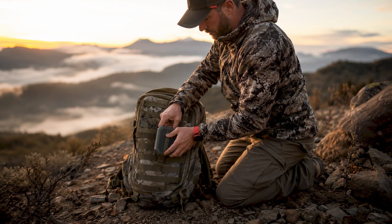 Hands attaching pouch to tactical backpack
