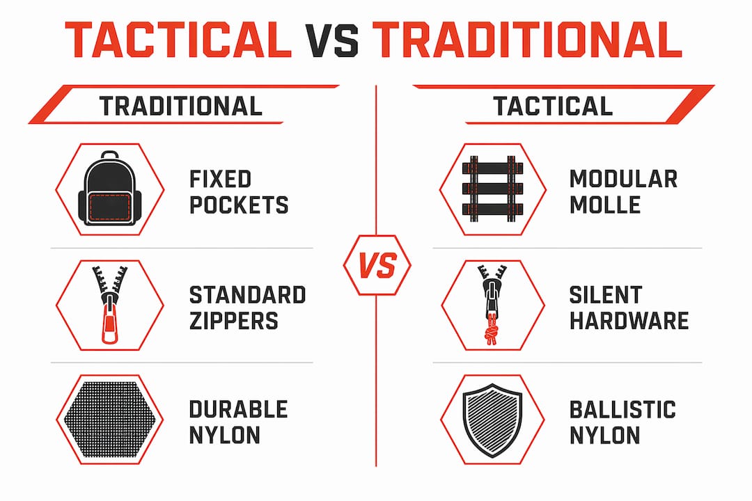 Infographic comparing traditional and tactical hunting gear features