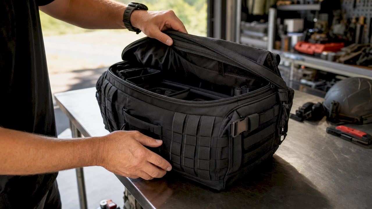 Hands inspecting military-grade tactical bag features