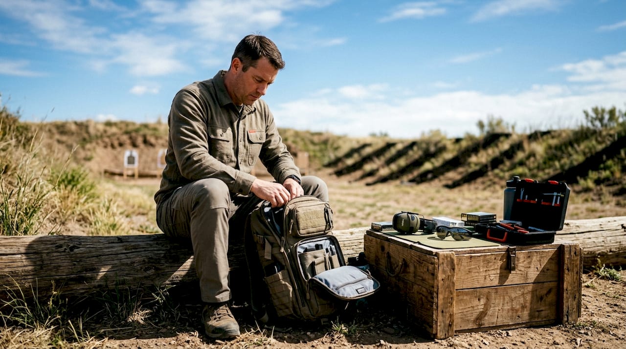 Shooter packing gear into tactical backpack at range