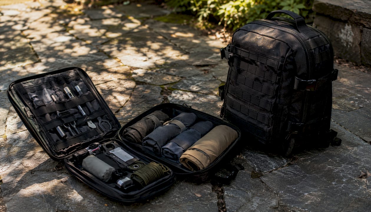 Overhead view of organized modular tactical travel bag