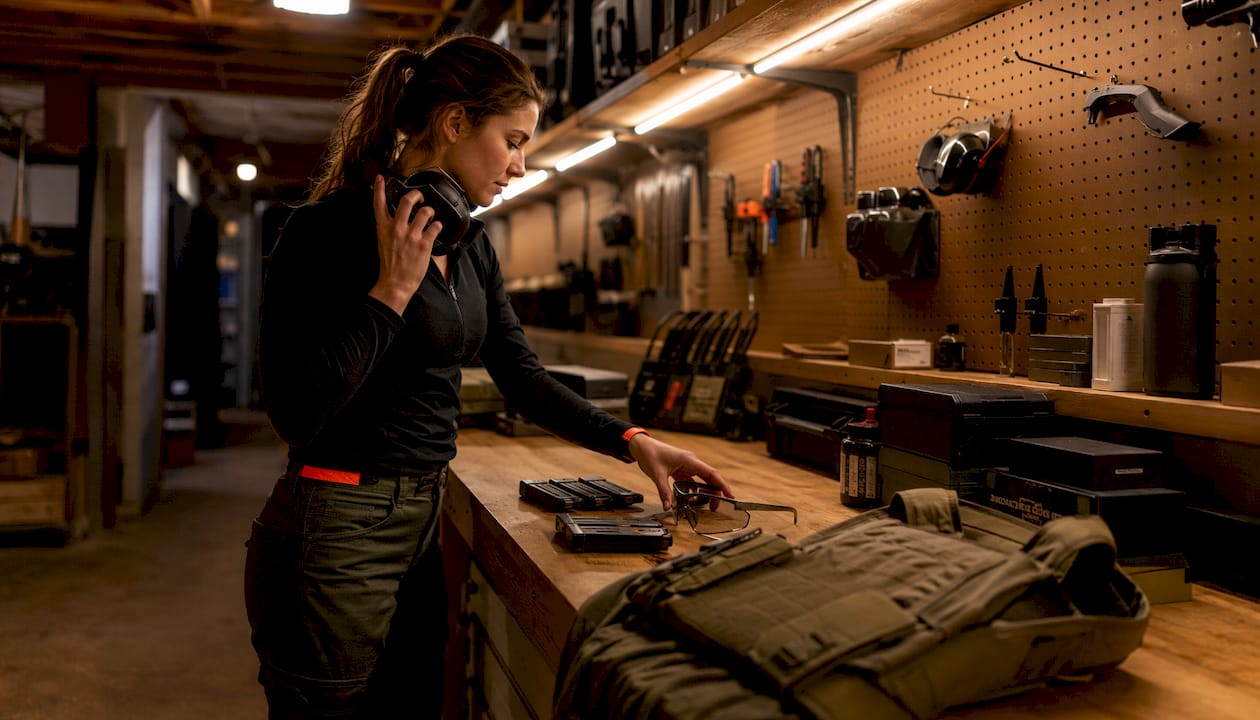 Woman preparing shooting gear at workbench