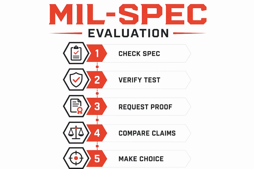 Infographic illustrating steps to evaluate mil-spec claims