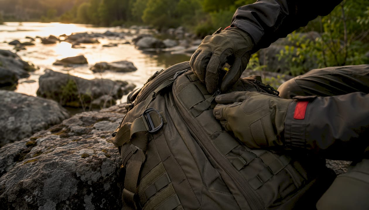 Close-up hands inspecting tactical backpack outdoors
